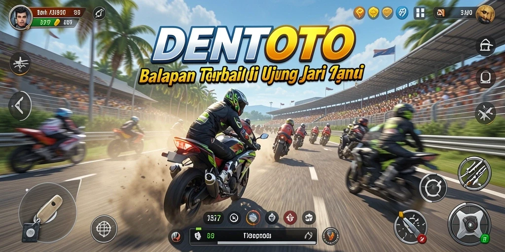 Gameplay DENTOTO menampilkan balapan motor yang intens.