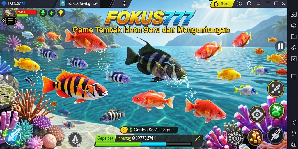 Tampilan gameplay seru FOKUS777 saat menembak ikan.